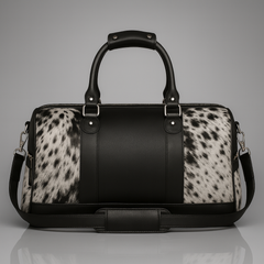 Handcrafted Black White Cowhide Leather Duffle Bag with Full-Grain Accents & Adjustable Strap - Premium Travel Tote for Men - Women