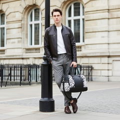 Handcrafted Black White Cowhide Leather Duffle Bag with Full-Grain Accents & Adjustable Strap - Premium Travel Tote for Men - Women