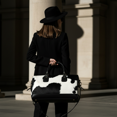 Luxurious Black and White Cowhide Leather Travel Tote Duffle Bag with Full-Grain Accents - Handcrafted Shoulder Bag for Weekend Trips