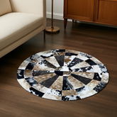 Artisan Round Cowhide Radial Patchwork Rug (9 sq ft)