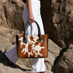 Brown And White Cowhide Shoulder Bag - Handmade Hair on Leather Tote with Natural Animal Print - Fashionable, Spacious, and Easy to Clean