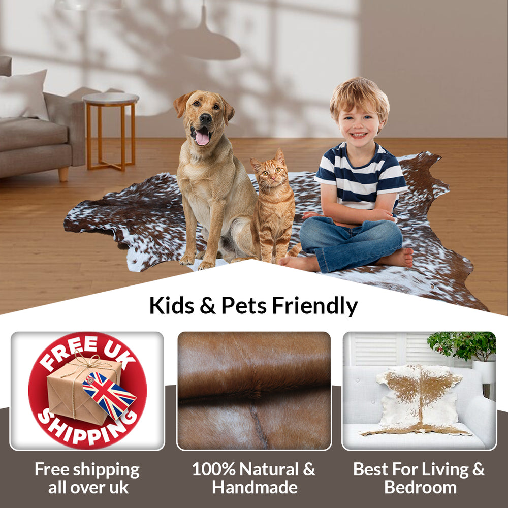 Luxurious Brown and Black Goat Hide Rug with Unique Patterns and Non-Slip Suede Back - Sustainable Eco-Friendly Accent Piece - Celestial Leather Limited
