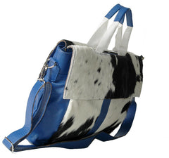 Stylish Cowhide Leather Laptop Bag with Blue Straps & Natural Hairs – Eco-Friendly - Functional Messenger Bag for Ladies