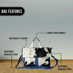 Stylish Cowhide Leather Laptop Bag with Blue Straps & Natural Hairs – Eco-Friendly - Functional Messenger Bag for Ladies