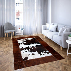 Luxurious Handmade Cowhide Patchwork Rug with Zig Zag Stitching - Unique Home Décor Statement Piece - Genuine Leather Area Rug