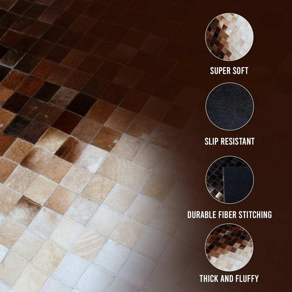 Luxurious Handmade Cowhide Patchwork Rug - Unique Natural Leather Home Decor Piece with Zig Zag Stitching & Lined Detail - Celestial Leather Limited