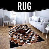 Luxurious Handmade Cowhide Patchwork Rug - Unique Natural Leather Home Décor Accent with Zig Zag Stitching