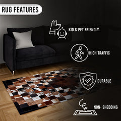 Luxurious Handmade Cowhide Patchwork Rug - Unique Natural Leather Home Décor Accent with Zig Zag Stitching