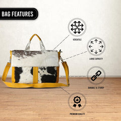 Luxury Cowhide Laptop Briefcase with Yellow Straps & Natural Fur - Stylish and Sustainable Business Bag for Unisex, Messenger Style