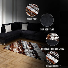 Unique Handmade Cowhide Patchwork Area Rug - Luxurious Leather Home Décor Accent - Zig Zag Stitching - Custom Sizes Available