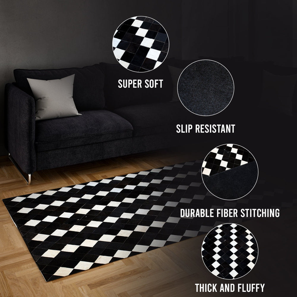 Luxurious Handmade Cowhide Patchwork Rug - Unique Natural Cow Skin Home Decor - Zig Zag Stitching - Genuine Leather Area Rug - Custom Sizes - Celestial Leather Limited