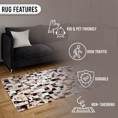 Luxurious Handmade Leather Cowhide Patchwork Rug - Unique Home Décor Accent with Zig Zag Stitching - Natural Cow Skin Area Rug