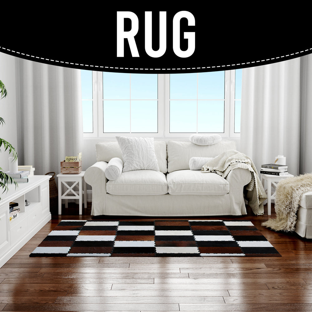 Handmade Genuine Cowhide Patchwork Rug with Zig Zag Stitching - Unique & Luxurious Area Rug for Home Décor - Custom Sizes Available - Celestial Leather Limited