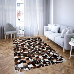 Luxurious Handmade Natural Cowhide Patchwork Rug for Home Décor - Unique & Practical Area Rug with Zig Zag Stitching and Natural Leather