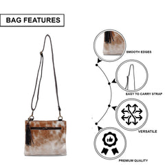 Unique Handcrafted Vegan Leather Cross Body Bag with Gold Hardware and Adjustable Strap - Elegant Evening Bag with Natural Cowhide Markings - Celestial Leather Limited