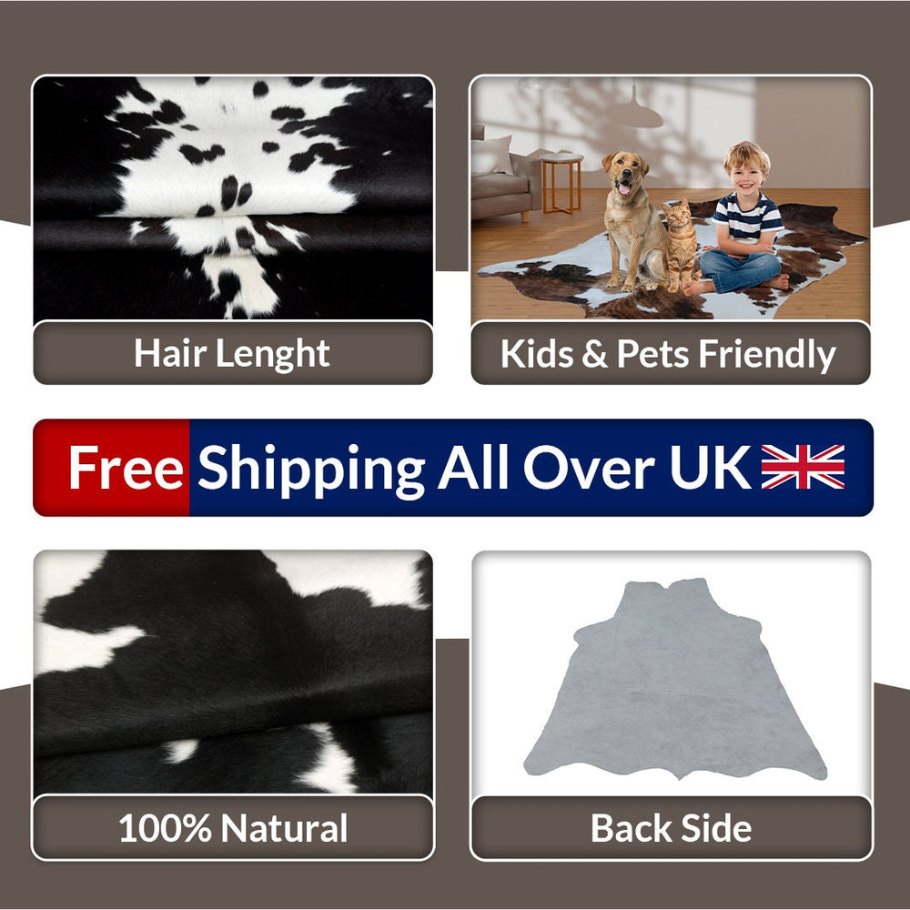 Luxurious Handcrafted Black and White Cowhide Rug - Hypoallergenic, Non-Slip Backing, Unique Markings - Durable and Versatile Home Decor - Celestial Leather Limited