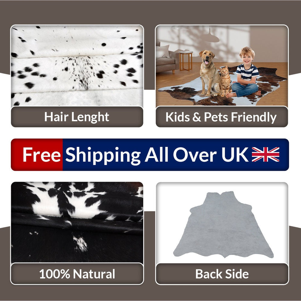 Luxurious Black and White Cowhide Rug | Large Hypoallergenic Centerpiece Decor | Unique Natural Beauty | Free Shipping in UK | Premium - Celestial Leather Limited