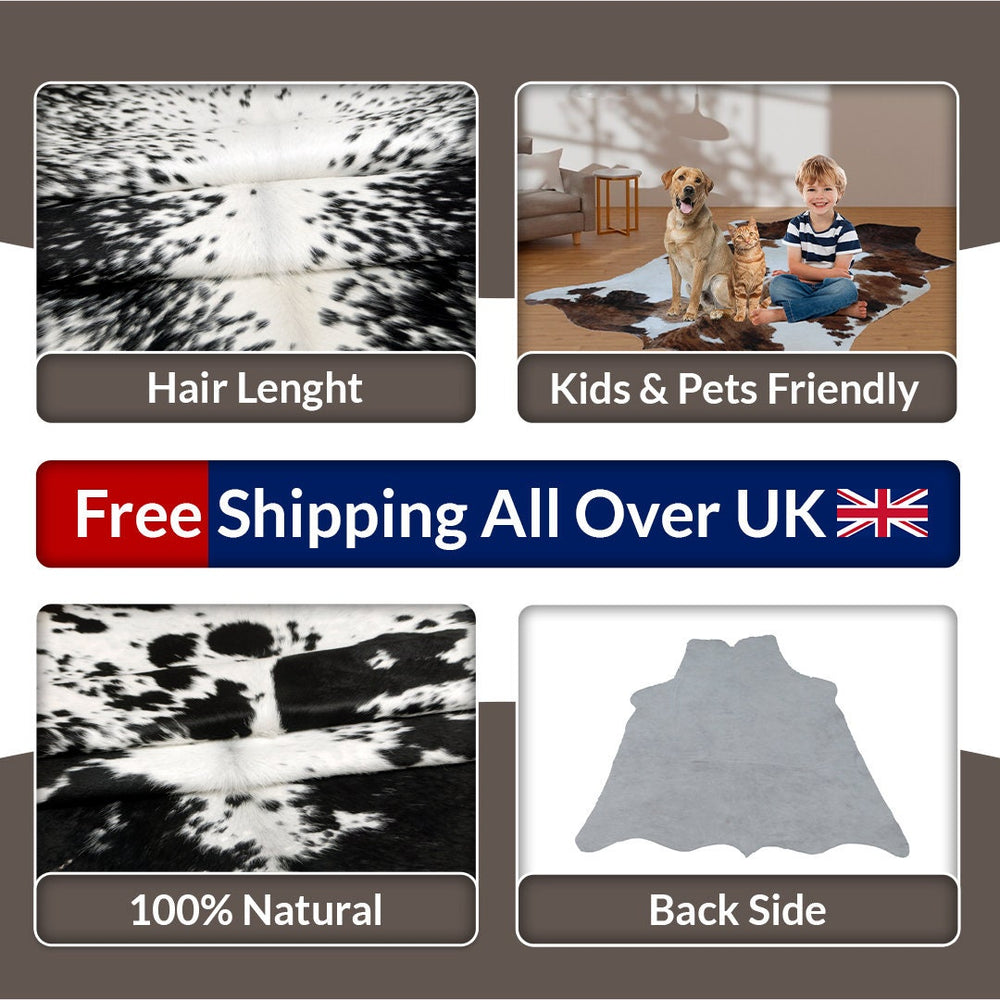 Luxurious Black & White Cowhide Rug: Hypoallergenic, Non-Slip Back, Unique Natural Beauty - Ideal for Bedroom - Living Room Decor - Celestial Leather Limited