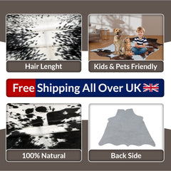 Luxurious Black & White Cowhide Rug: Hypoallergenic, Non-Slip Back, Unique Natural Beauty - Ideal for Bedroom - Living Room Decor - Celestial Leather Limited
