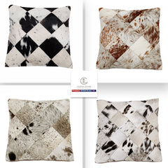 Handmade Multicolor Cowhide Patchwork Throw Pillow Cover - 100% Natural Hair on Leather with Unique Patterns in Tan, Cream, Brown, Black,