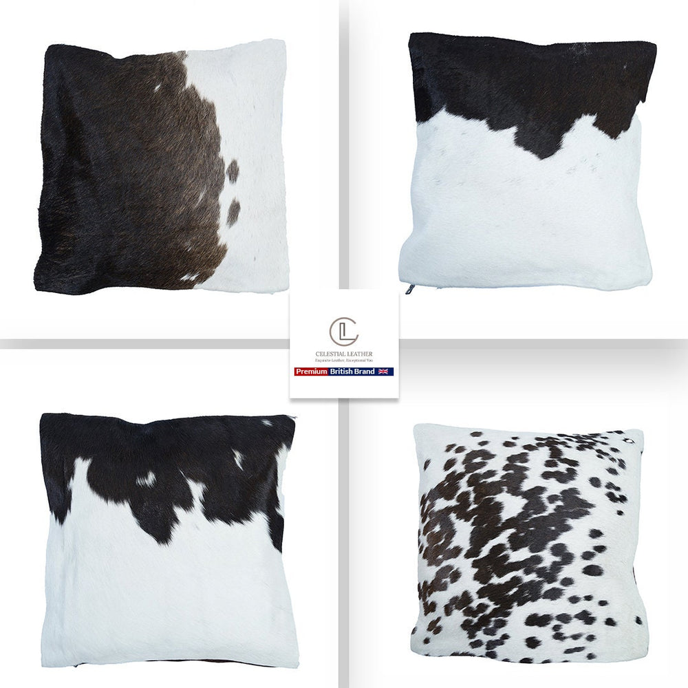 Rustic Elegance: Handmade Cowhide Pillow Cover with Velvet Back - Reversible Hair On Cushion Case in Brown, Black, and White - Celestial Leather Limited