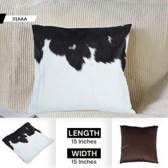 Rustic Elegance: Handmade Cowhide Pillow Cover with Velvet Back - Reversible Hair On Cushion Case in Brown, Black, and White - Celestial Leather Limited