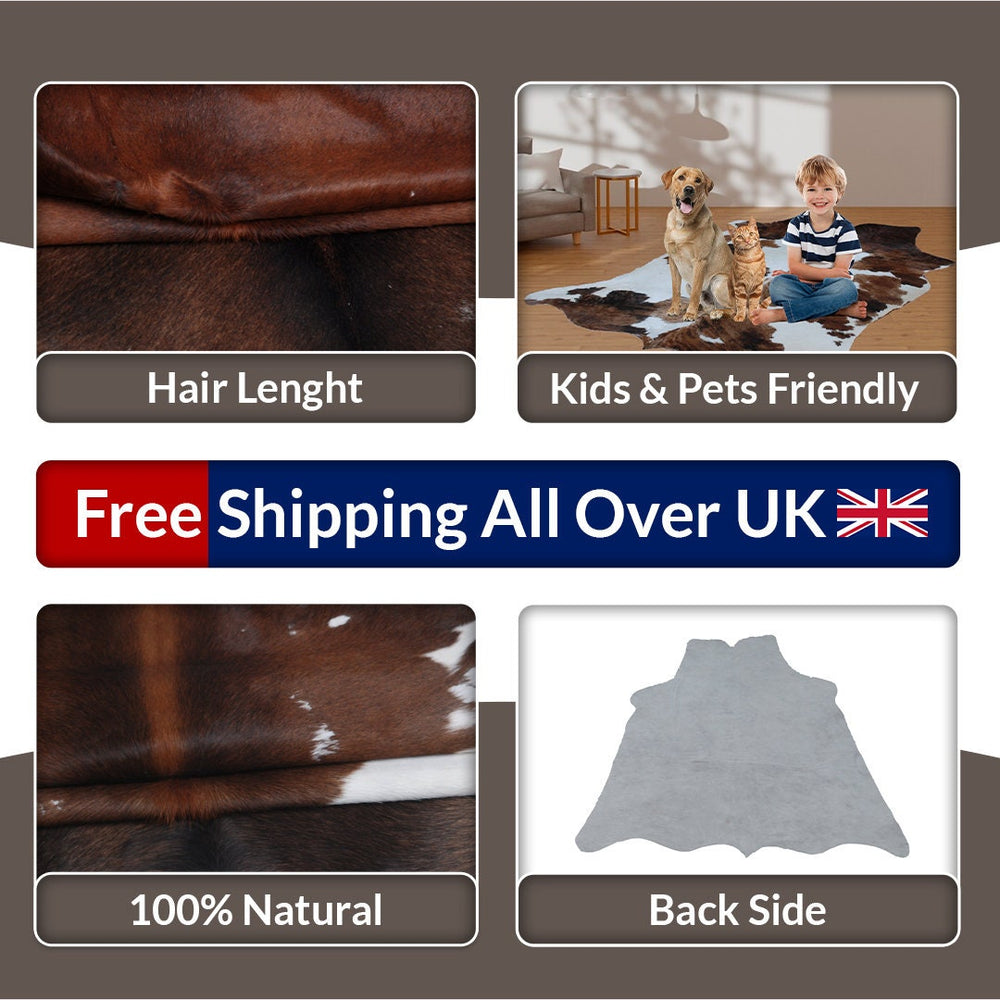 Luxurious Dark Brown & White Cowhide Rug - Hypoallergenic, Non-Slip, Non-Shedding - Hand selected Premium Hide - Free UK Shipping - Celestial Leather Limited