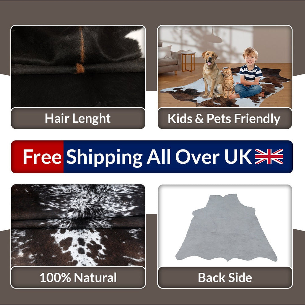 Luxurious Dark Brown & White Cowhide Rug | Large Animal Print Carpet | Hypoallergenic - Non-Shedding | Stunning Lounge Décor - Celestial Leather Limited