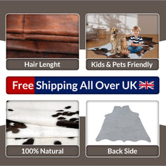 Luxurious Dark Brown Cowhide Rug with Natural Hair for Stylish Bedrooms or Living Rooms - Hypoallergenic & Non-Slip Suede Back