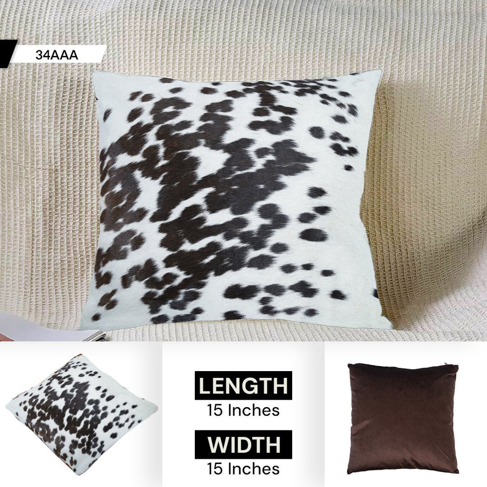 Rustic Elegance: Handmade Cowhide Pillow Cover with Velvet Back - Reversible Hair On Cushion Case in Brown, Black, and White - Celestial Leather Limited