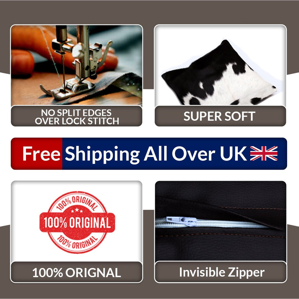 Luxurious Handmade Brown and White Cowhide Cushion Cover with Soft Faux Leather Back - Celestial Leather Limited