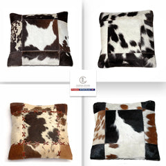 Luxurious Multicolor Patchwork Cowhide Cushion Cover with Faux Leather Back - Handmade Rustic Elegance and Natural Beauty - Celestial Leather Limited
