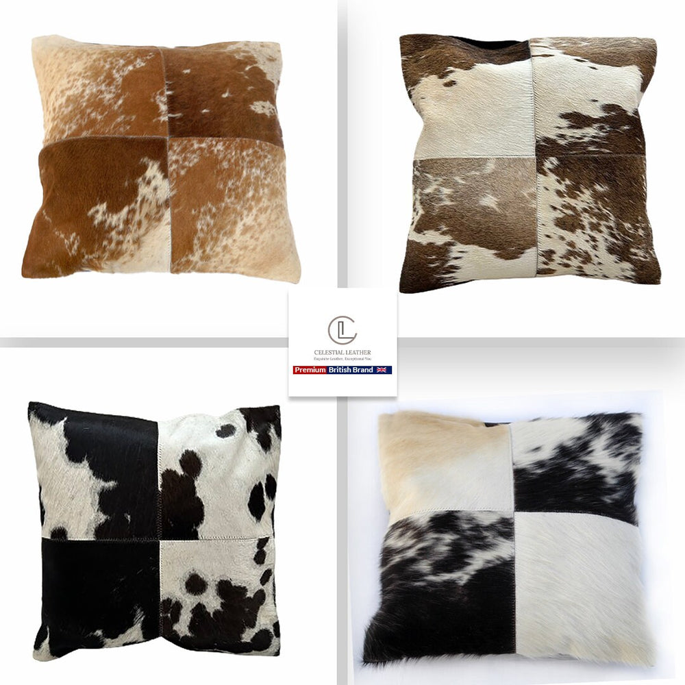 Luxury Multicolor Cowhide Patchwork Cushion Cover - Handmade Rustic Elegance with Hypoallergenic Leather Back, 15x15cm - Celestial Leather Limited