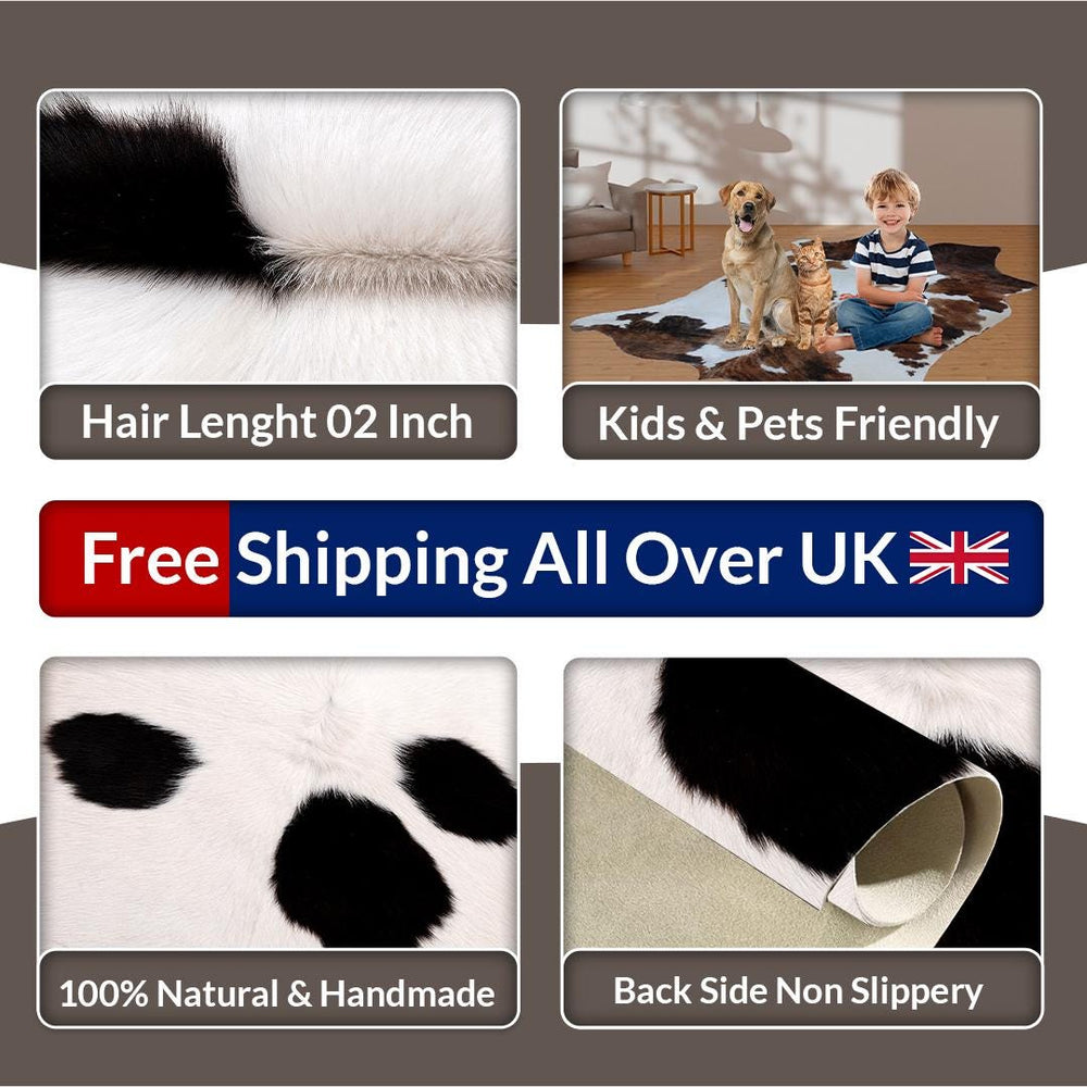 Luxurious Small Cowhide Rug - Hypoallergenic Dark Brown & White Animal Print Rug for Bedroom - Living Room - Non Slip Suede Back - Celestial Leather Limited