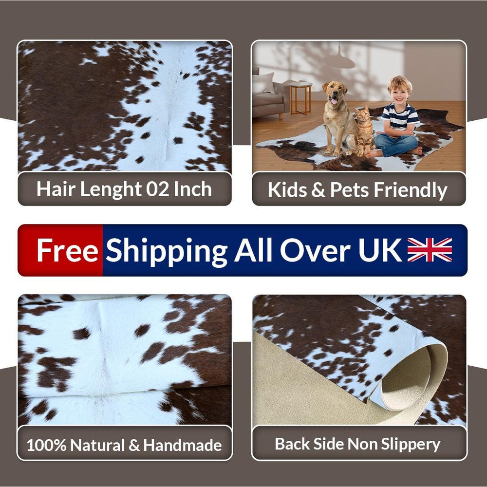 Handcrafted Luxury Medium Cowhide Rug | Classic Brown & White | Hypoallergenic, Non-Slip Backing | Unique Natural Beauty | Durable - Celestial Leather Limited