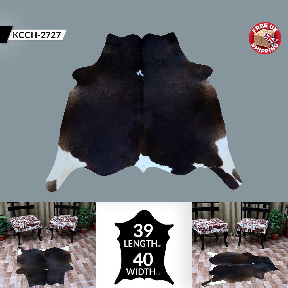 Luxury Dark Brown & White Cowhide Rug - Hypoallergenic, Handcrafted, Durable, One-of-a-Kind Medium Cow Skin Rug for Modern Home Decor - Celestial Leather Limited