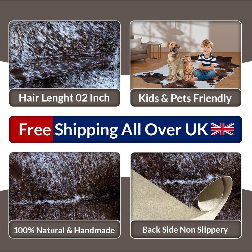 Luxury Dark Brown & White Cowhide Rug - Medium Size Hypoallergenic Area Rug with Unique Natural Beauty for Rustic Charm - Celestial Leather Limited