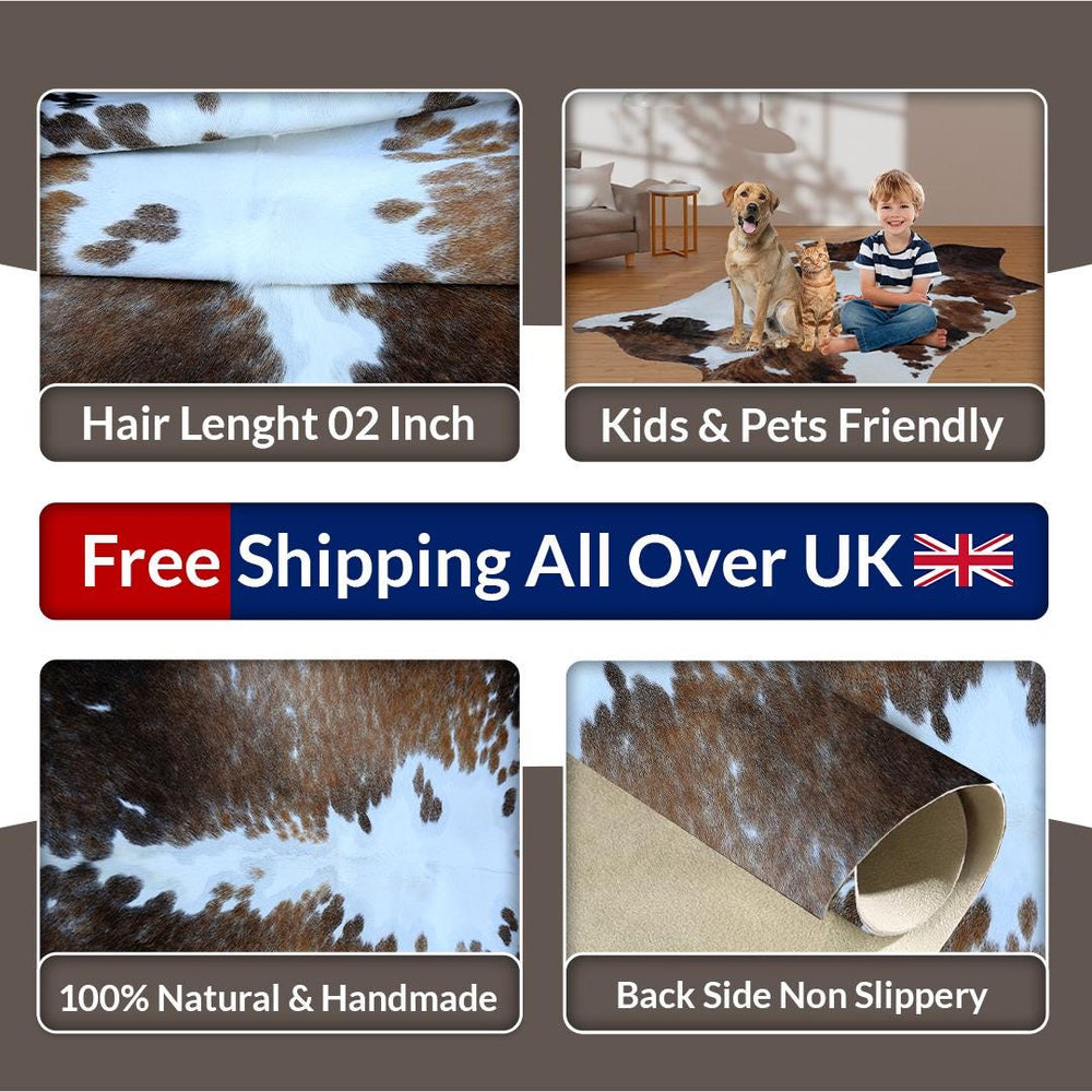 Luxurious Medium Brown & White Cowhide Rug | Hypoallergenic Backing | Handcrafted Natural Hide | Unique Animal Pattern rug | Durable - - Celestial Leather Limited
