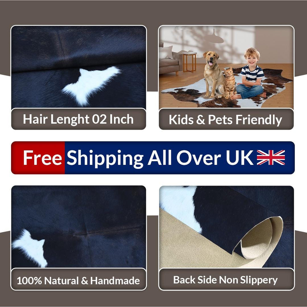 Luxurious Natural Dark Brown & White Cowhide Rug Small Area Animal Print Non Slippery Suede Back Non Shedding Hypoallergenic - Celestial Leather Limited