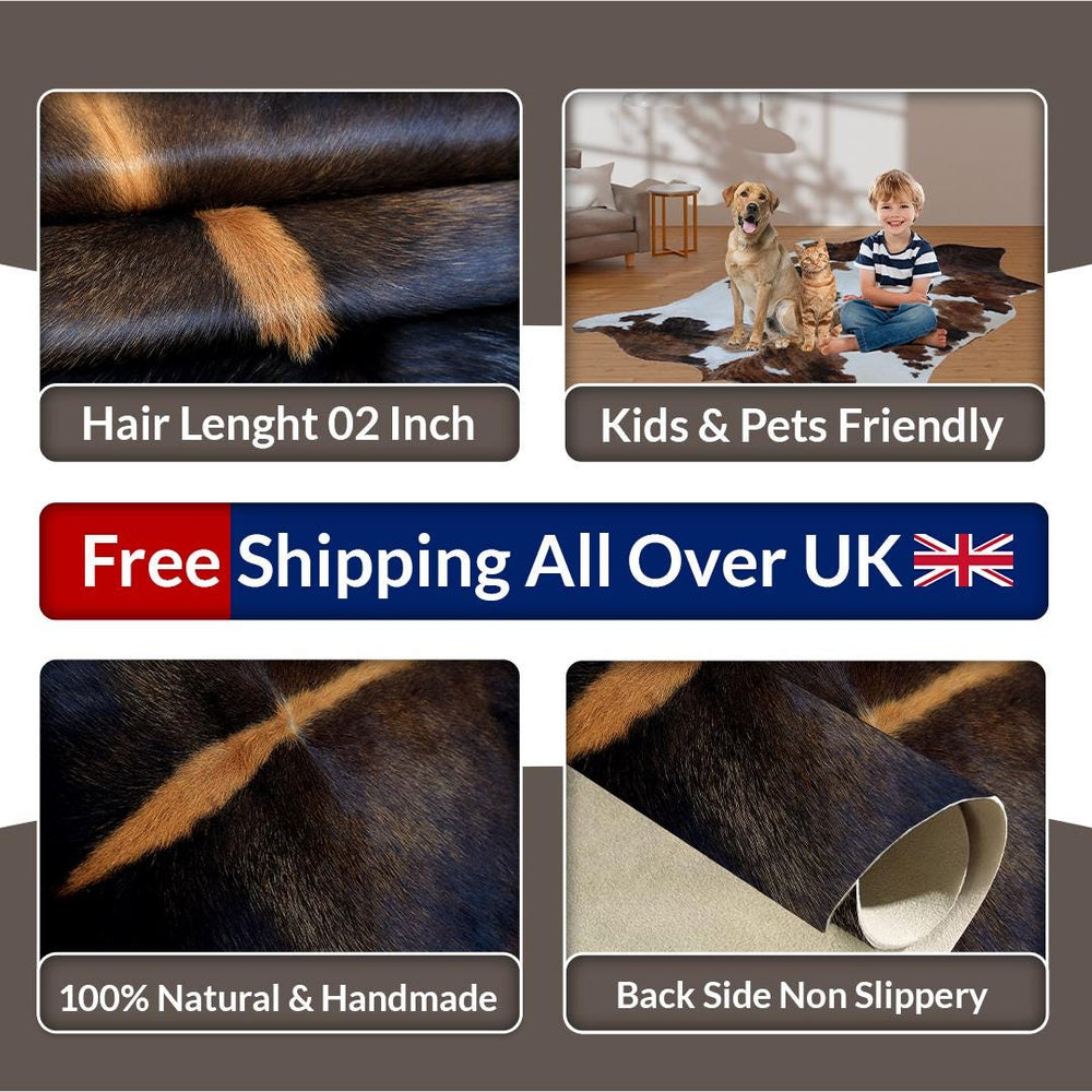 Luxurious Small Brown and White Cowhide Rug with Soft Hair | Hypoallergenic & Non-Shedding | Ideal for Upholstery | Free Shipping in UK - Celestial Leather Limited