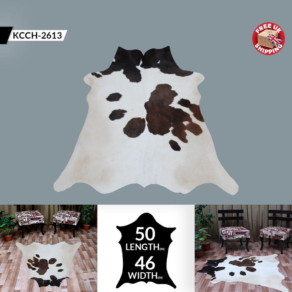 Luxurious Medium Brown & White Cowhide Rug with Hypoallergenic Suede Backing - Handcrafted Natural Hide Rug for Timeless Style and Elegance - Celestial Leather Limited