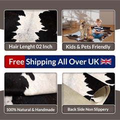 Luxury Black & White Cowhide Rug for Bedroom or Living Room - Hypoallergenic, Non-Slip Suede Back, Premium Quality - Natural Hair - Free UK - Celestial Leather Limited