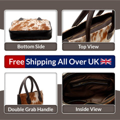 Handmade Brown and White Cowhide Shoulder Bag - Chic Leather Tote with Stylish Animal Print Design, Spacious and Versatile Daily Handbag