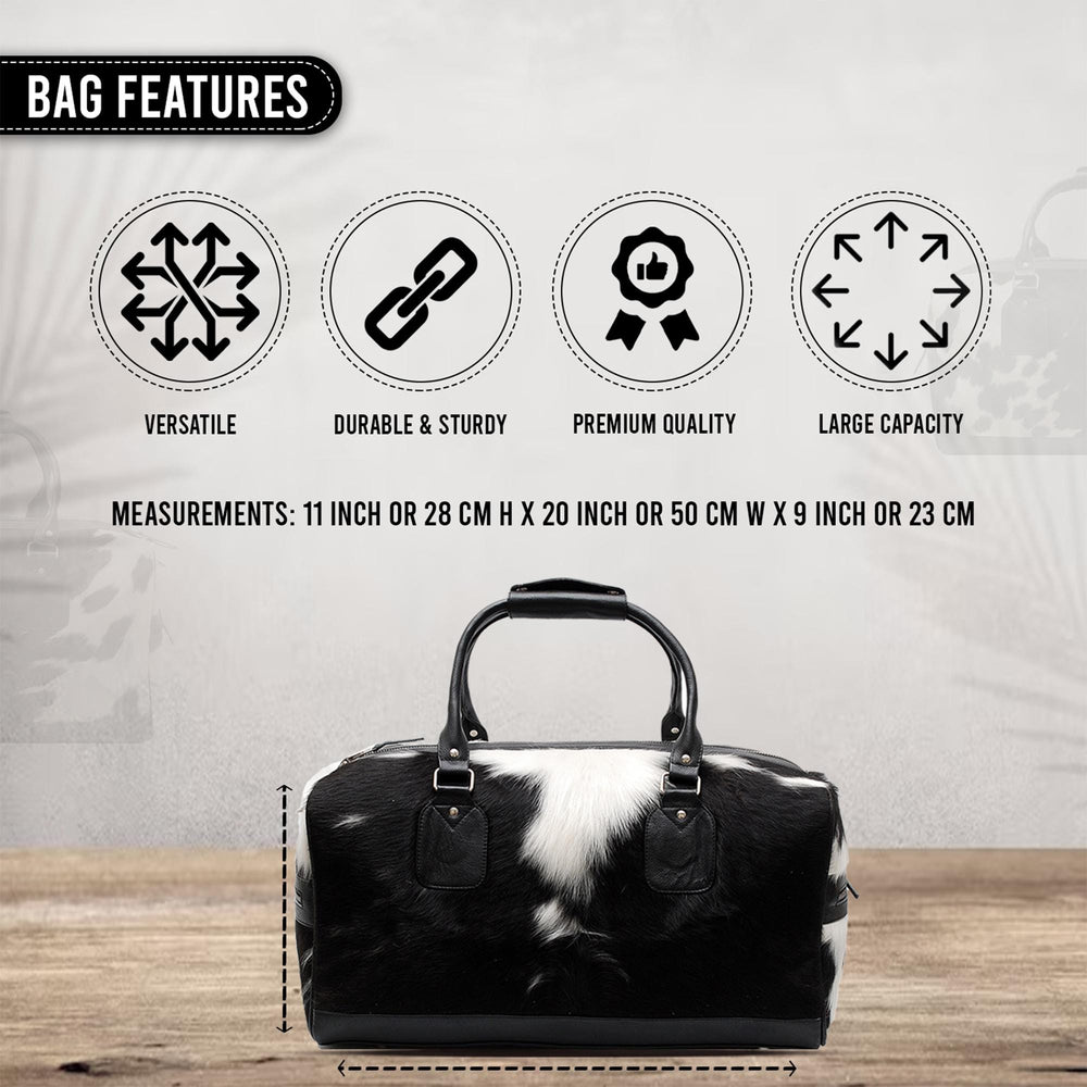 Handcrafted Black White Cowhide Leather Duffle Bag for Stylish Travelers - Premium Quality Carry-On Tote for Men & Women - Celestial Leather Limited