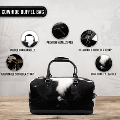 Handcrafted Black White Cowhide Leather Duffle Bag for Stylish Travelers - Premium Quality Carry-On Tote for Men & Women - Celestial Leather Limited