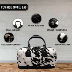 Luxury Genuine Cowhide Leather Weekend Bag with Natural Pony Hair Finish in Black and White - Stylish Duffle for Men and Women