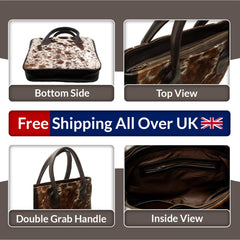 Chic Brown and White Cowhide Shoulder Bag - Spacious Hair On Leather Purse for Women - Handmade in South Asia with Unique Animal Print