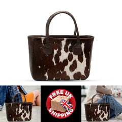 Chic Brown & White Cowhide Shoulder Bag - Handmade Leather Purse with Versatile Design - Spacious Compartments