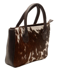 Chic Brown and White Cowhide Shoulder Bag - Spacious Hair On Leather Purse for Women - Handmade in South Asia with Unique Animal Print