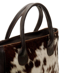 Fashionable Dark Brown and White Cowhide Shoulder Bag - Handmade Leather Tote for Women, Stylish Daily Handbag with Natural Animal Print